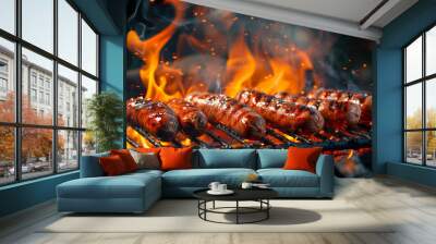 Grilled juicy sausages, brarwurst sizzling on a grill with fire Wall mural