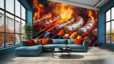 Grilled juicy sausages, brarwurst sizzling on a grill with fire Wall mural