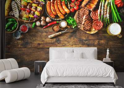 Grilled meat and vegetables on rustic wooden table Wall mural