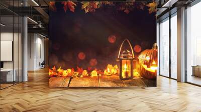 Halloween pumpkin with lantern on wooden Wall mural