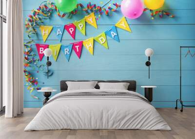 Happy birthday party background with text and colorful tools Wall mural