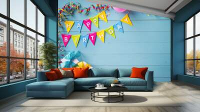 Happy birthday party background with text and colorful tools Wall mural