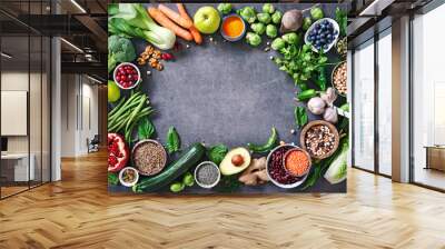 Healthy food selection with fruits, vegetables, seeds, super foods, cereals Wall mural