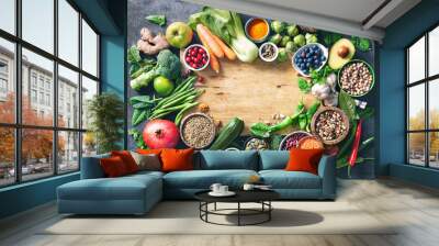 Healthy food selection with fruits, vegetables, seeds, super foods, cereals Wall mural