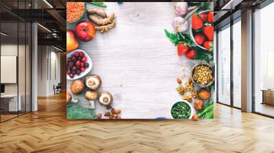 Healthy food selection with fruits, vegetables, seeds, superfood and cereals Wall mural