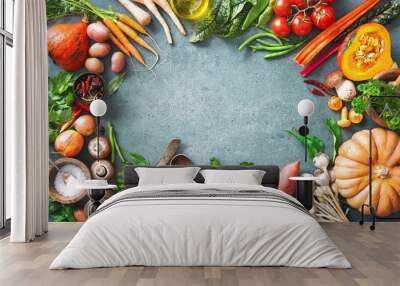 Healthy or vegetarian nutrition concept with selection of organic autumn fruits and vegetables Wall mural