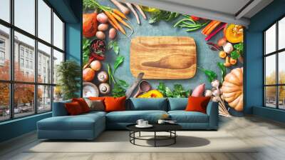 Healthy or vegetarian nutrition concept with selection of organic autumn fruits and vegetables Wall mural