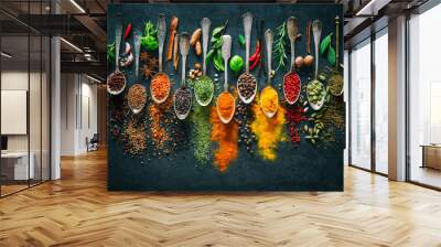 Herbs and spices for cooking on dark background Wall mural