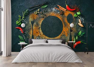 Herbs and spices on table with cutlery silhouette Wall mural