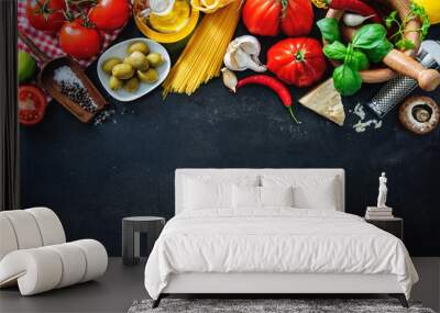 Italian food ingredients on slate background Wall mural