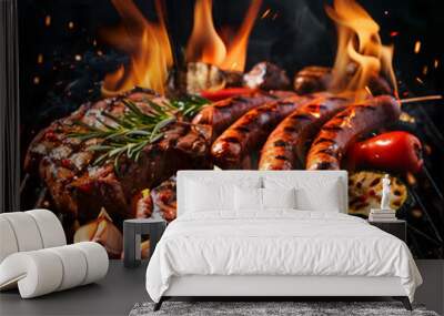 Juicy grilled beef steaks and sausages grillwurst with vegetables sizzling on outdoor grill with fire Wall mural