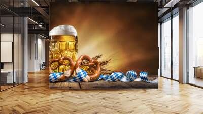 Oktoberfest beer with pretzel, wheat and hops Wall mural