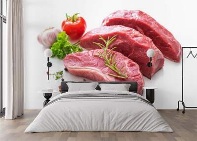 pieces of raw roast beef meat with ingredients Wall mural