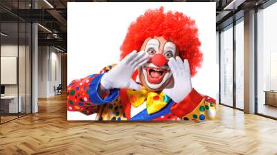 Portrait of a screaming clown isolated on white background Wall mural