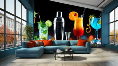 Set of various cocktails with on black background Wall mural