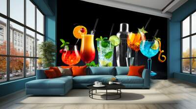 Set of various cocktails with on black background Wall mural