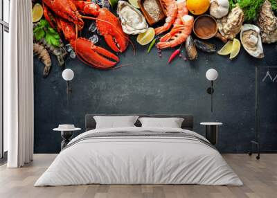 Shellfish plate of crustacean seafood with fresh lobster, mussels, oysters as an ocean gourmet dinner background Wall mural