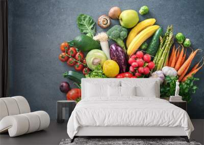 Shopping bag full of fresh vegetables and fruits Wall mural