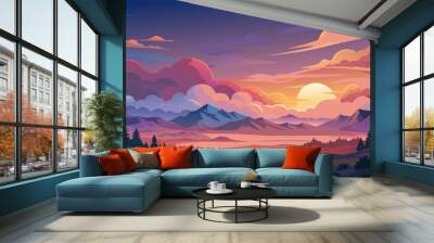 Realistic abstract evening twilight sunset sky with cloud. 3d morning sunrise soft gradient horizontal panorama. Beautiful cloudy dawn outdoor skyscape backdrop with sunshine and blurred terrain scene Wall mural