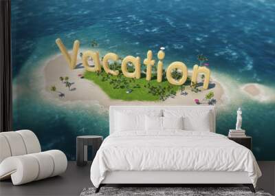 render word vacation on tropical paradise island with palm trees an sun tents. sail boat in the ocean. Wall mural