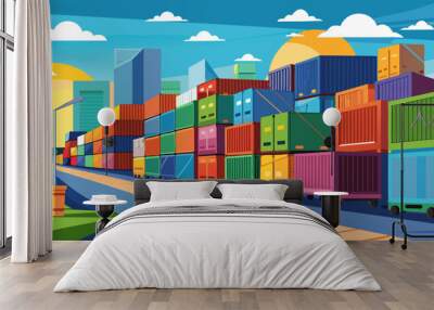 Rows of shipping containers in different colors. Transport business. Logistics import and export of goods - Wall mural