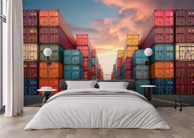 Rows of shipping containers in different colors. Transport business. Logistics import and export of goods - Generative AI Wall mural