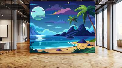 Sea landscape with moon, stars and clouds in dark sky at night. Vector cartoon backgrounds of seascape with tropical island with palm trees, sand beach, ocean waves and coastline on horizon Wall mural