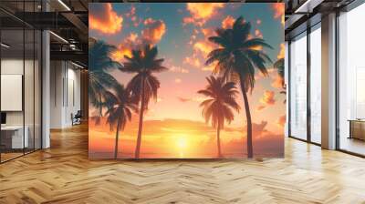 Silhouette of palm trees at tropical sunrise or sunset background Wall mural