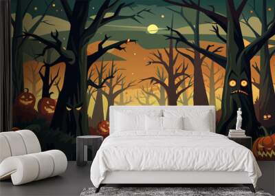 spooky halloween forest with scary black trees and pumpkins on the ground Wall mural