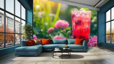 summer homemade cherry lemonade with ice in blooming garden with peonies summertime relax outdoor Wall mural