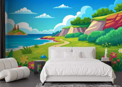 Summer seashore with flowers and green grass. Vector cartoon illustration of beach scenery with clear blue water, footpath along coast with lawn and bushes, clouds in sunny sky, travel background Wall mural