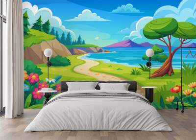 Summer seashore with flowers and green grass. Vector cartoon illustration of beach scenery with clear blue water, footpath along coast with lawn and bushes, clouds in sunny sky, travel background Wall mural