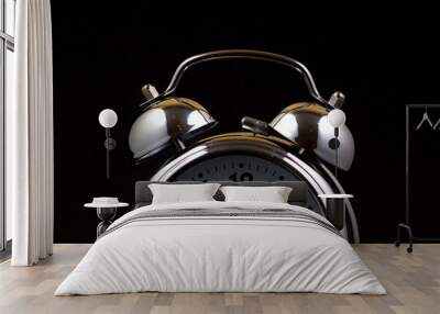 Nice old vintage chrome metal twin bell alarm clock on black background.. Wall mural