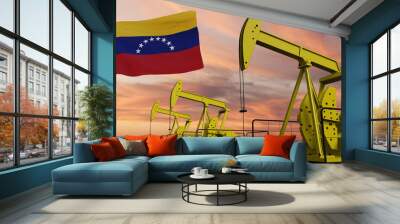 Nice pumpjack oil extraction and cloudy sky in sunset with the Venezuela flag. Wall mural