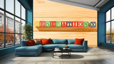 Spectacular wooden cubes with the word GENERATION X on a wooden surface. Wall mural