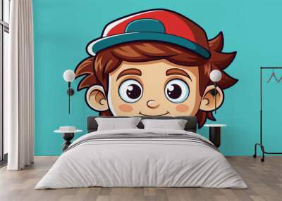 Teen boy face constructor for avatar design. Cartoon vector illustration of caucasian teenager head with set of eyes, eyebrows, mouth with different emotions, hairstyle and hat isolated on background Wall mural