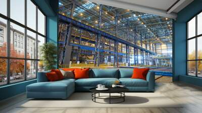 The interior of a big industrial building or factory with steel constructions Wall mural