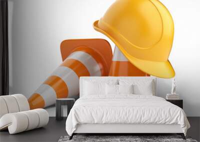 Traffic cones and hardhat. Road sign. Icon isolated on white bac Wall mural