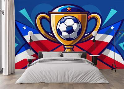 Trophy cup with soccer ball on russian flag background Wall mural