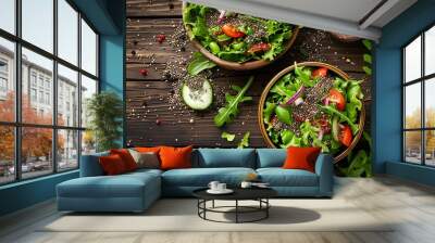 Two healthy salad bowls with seeds shot on rustic wooden table the ingredients included for the preparation are chia seeds Wall mural