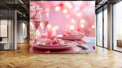 Valentines day dining table for two pink background Wall mural