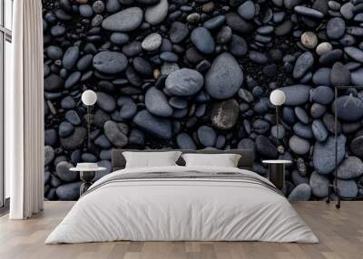 view of black sand and black stones on a beach in Iceland Wall mural