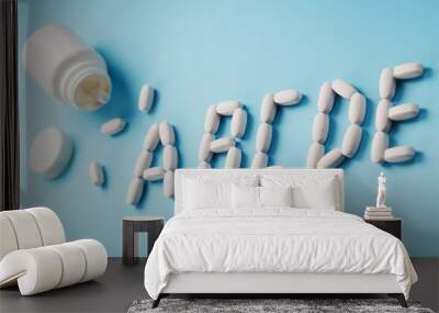 Vitamin A B C D E tablets fell out of a white jar on a Blue background. Wall mural