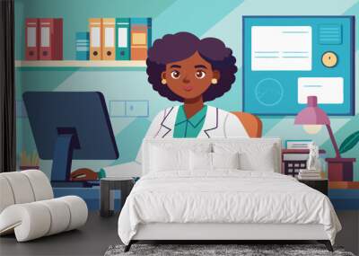 Woman doctor in hospital desk with computer vector. Clinic table for healthcare professional character. Diagnosis, checkup and treatment online appointment to consult with female african therapist Wall mural