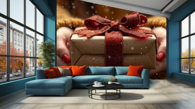 Woman Holding Christmas Gift Box Generative AI Wall mural