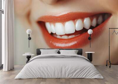 Woman with a bright red lip and a white smile. Concept of happiness and confidence Wall mural