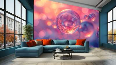 Abstract image of soap bubbles with a blurred background in pink and purple tones Wall mural