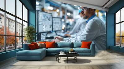 engineer in workwear and safety gear uses computer in factory Wall mural