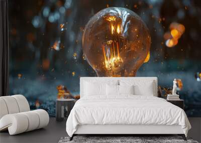 Light bulb with water splash creating a stunning visual effect on a dark background Wall mural