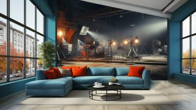 Modern movie set equipment with professional video cameras and lighting fixtures capturing scene Wall mural